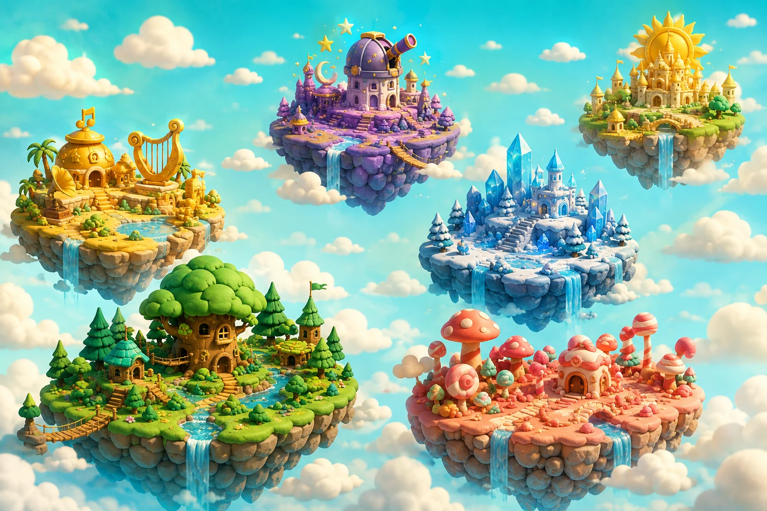 Six magical floating islands: forest, mushrooms, music, crystals, stars and a sunshine castle